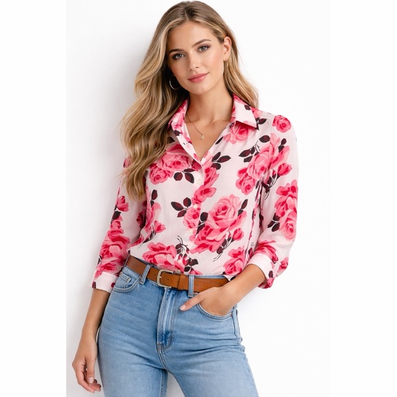 kate spade Tops - Kate Spade Pink Floral Rose Button Down Blouse